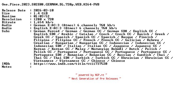NFO for the release One.Piece.2023.S02E08.GERMAN.DL.720p.WEB.H264-FWB by FWB