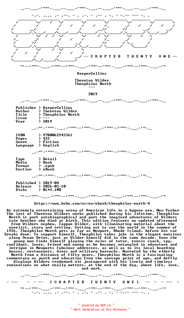 NFO for the release Thornton.Wilder.-.Theophilus.North.2019.RETAIL.EPUB.eBook-CTO by CTO