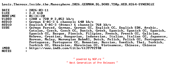 NFO for the release Louis.Theroux.Inside.the.Manosphere.2026.GERMAN.DL.DOKU.720p.WEB.H264-SYNERGiE by SYNERGiE