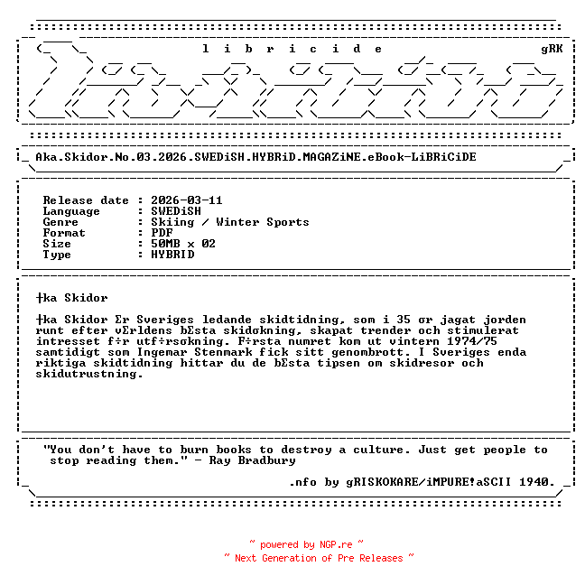 NFO for the release Aka.Skidor.No.03.2026.SWEDiSH.HYBRiD.MAGAZiNE.eBook-LiBRiCiDE by LiBRiCiDE