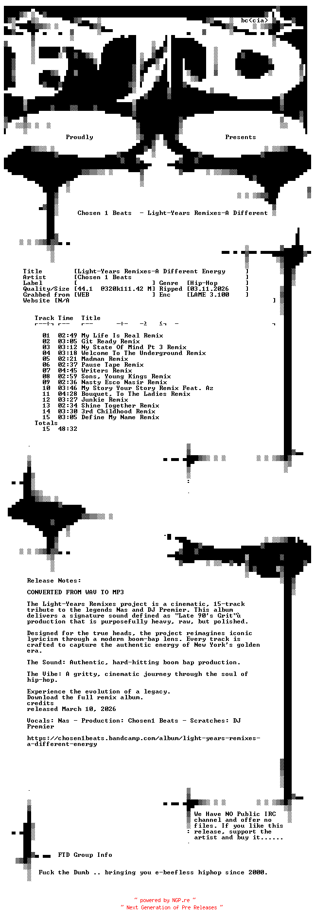 NFO for the release Chosen_1_Beats-Light-Years_Remixes-A_Different_Energy-WEB-2026-FTD by FTD
