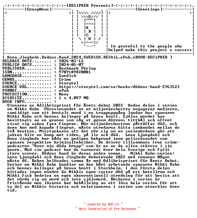 NFO for the release Anna.Jinghede.Dodens.Hand.2024.SWEDiSH.RETAiL.ePub.eBOOK-DECiPHER by DECiPHER