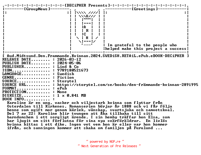 NFO for the release Aud.Midtsund.Den.Frammande.Kvinnan.2024.SWEDiSH.RETAiL.ePub.eBOOK-DECiPHER by DECiPHER