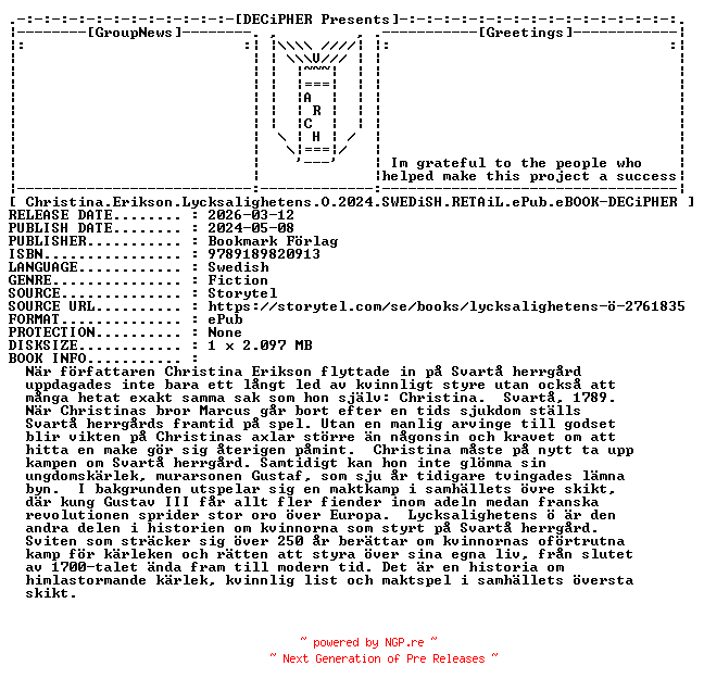 NFO for the release Christina.Erikson.Lycksalighetens.O.2024.SWEDiSH.RETAiL.ePub.eBOOK-DECiPHER by DECiPHER
