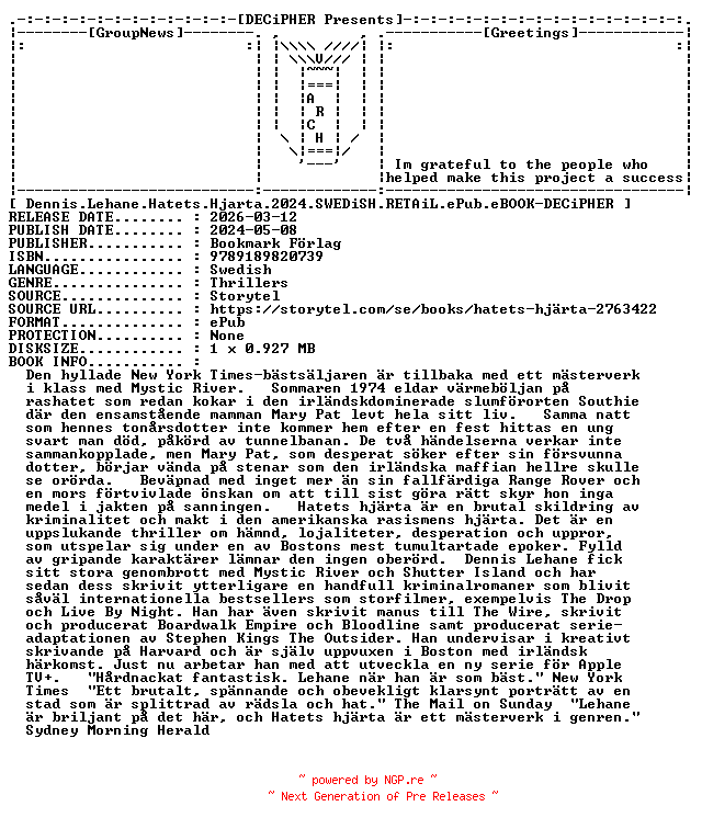 NFO for the release Dennis.Lehane.Hatets.Hjarta.2024.SWEDiSH.RETAiL.ePub.eBOOK-DECiPHER by DECiPHER