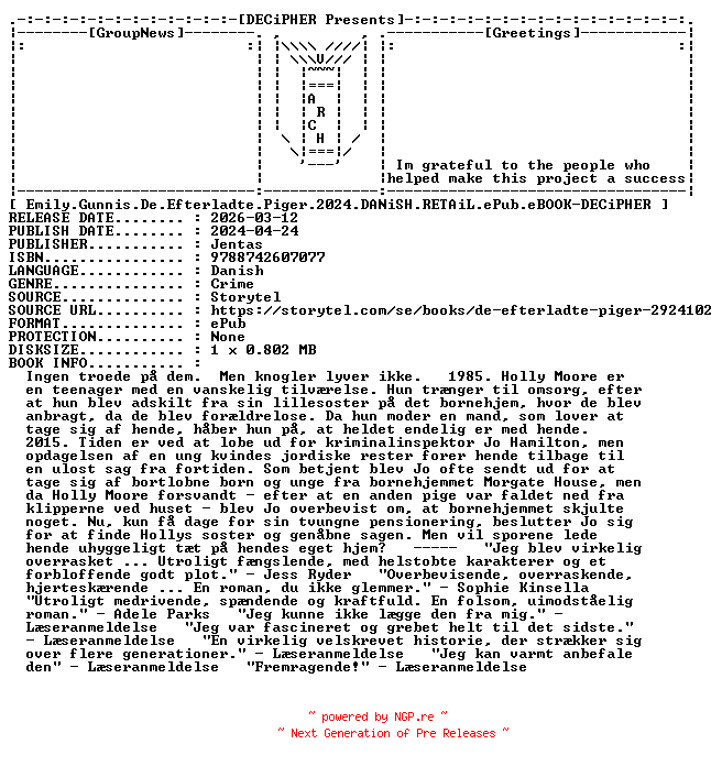 NFO for the release Emily.Gunnis.De.Efterladte.Piger.2024.DANiSH.RETAiL.ePub.eBOOK-DECiPHER by DECiPHER
