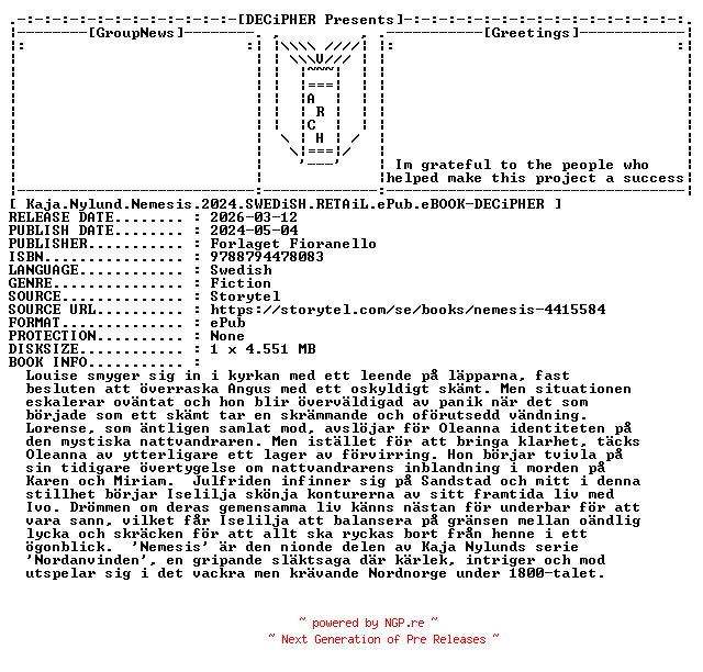 NFO for the release Kaja.Nylund.Nemesis.2024.SWEDiSH.RETAiL.ePub.eBOOK-DECiPHER by DECiPHER