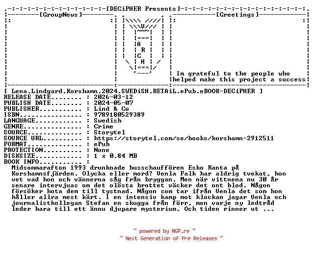 NFO for the release Lena.Lindgard.Korshamn.2024.SWEDiSH.RETAiL.ePub.eBOOK-DECiPHER by DECiPHER