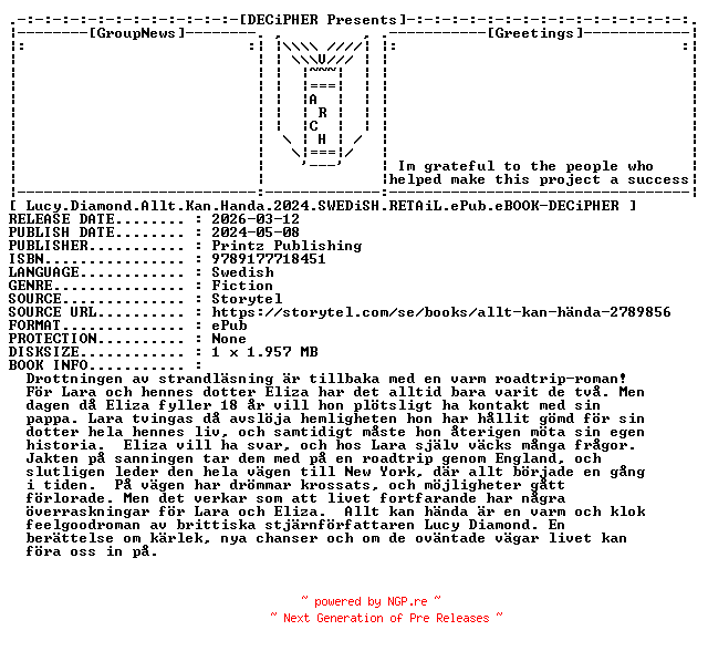 NFO for the release Lucy.Diamond.Allt.Kan.Handa.2024.SWEDiSH.RETAiL.ePub.eBOOK-DECiPHER by DECiPHER