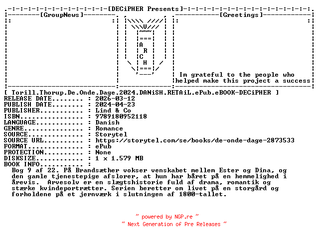 NFO for the release Torill.Thorup.De.Onde.Dage.2024.DANiSH.RETAiL.ePub.eBOOK-DECiPHER by DECiPHER