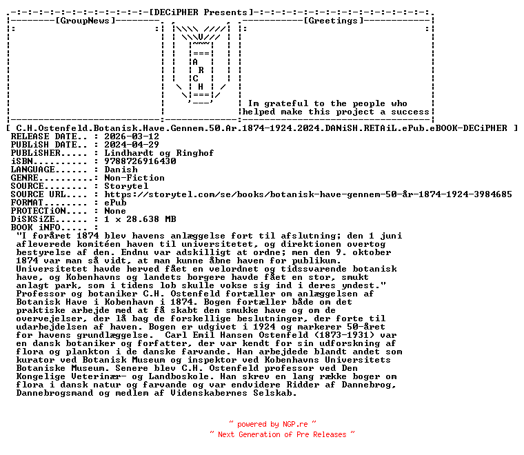 NFO for the release C.H.Ostenfeld.Botanisk.Have.Gennem.50.Ar.1874-1924.2024.DANiSH.RETAiL.ePub.eBOOK-DECiPHER by DECiPHER