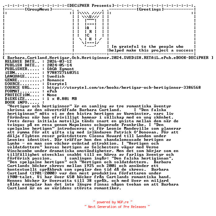 NFO for the release Barbara.Cartland.Hertigar.Och.Hertiginnor.2024.SWEDiSH.RETAiL.ePub.eBOOK-DECiPHER by DECiPHER
