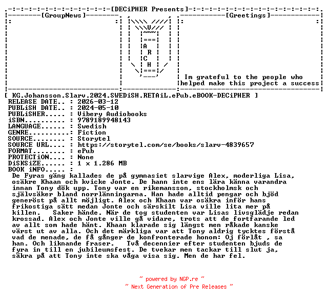 NFO for the release KG.Johansson.Slarv.2024.SWEDiSH.RETAiL.ePub.eBOOK-DECiPHER by DECiPHER