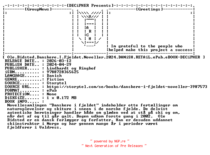 NFO for the release Ole.Bidsted.Danskere.I.Fjeldet.Noveller.2024.DANiSH.RETAiL.ePub.eBOOK-DECiPHER by DECiPHER
