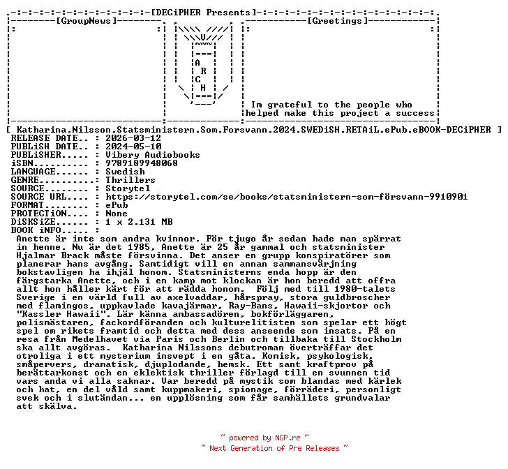 NFO for the release Katharina.Nilsson.Statsministern.Som.Forsvann.2024.SWEDiSH.RETAiL.ePub.eBOOK-DECiPHER by DECiPHER