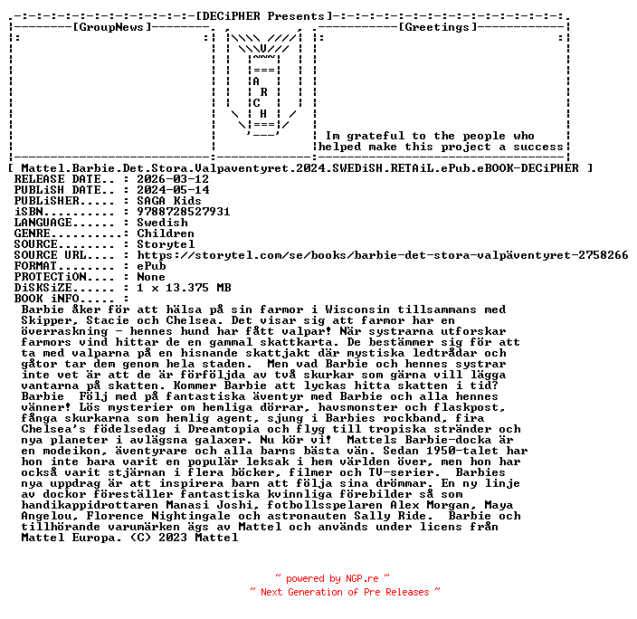 NFO for the release Mattel.Barbie.Det.Stora.Valpaventyret.2024.SWEDiSH.RETAiL.ePub.eBOOK-DECiPHER by DECiPHER