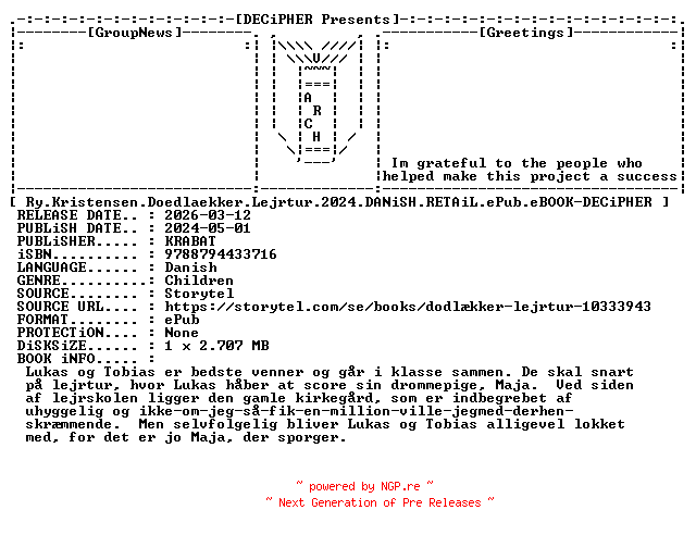 NFO for the release Ry.Kristensen.Doedlaekker.Lejrtur.2024.DANiSH.RETAiL.ePub.eBOOK-DECiPHER by DECiPHER