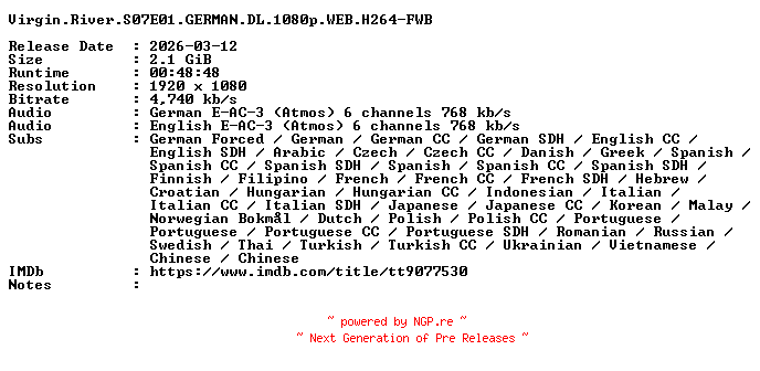 NFO for the release Virgin.River.S07E01.GERMAN.DL.1080p.WEB.H264-FWB by FWB