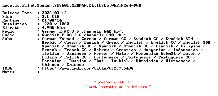 NFO for the release Love.is.Blind.Sweden.S03E01.GERMAN.DL.1080p.WEB.H264-FWB by FWB