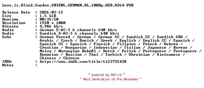 NFO for the release Love.is.Blind.Sweden.S03E05.GERMAN.DL.1080p.WEB.H264-FWB by FWB