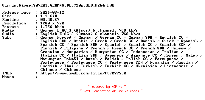 NFO for the release Virgin.River.S07E03.GERMAN.DL.720p.WEB.H264-FWB by FWB