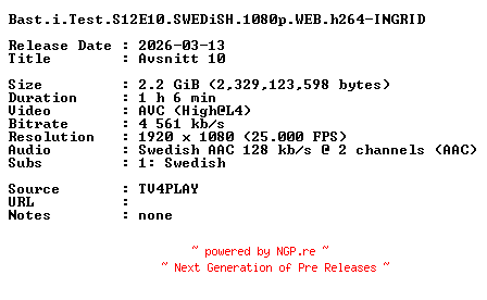 NFO for the release Bast.i.Test.S12E10.SWEDiSH.1080p.WEB.h264-INGRID by INGRID