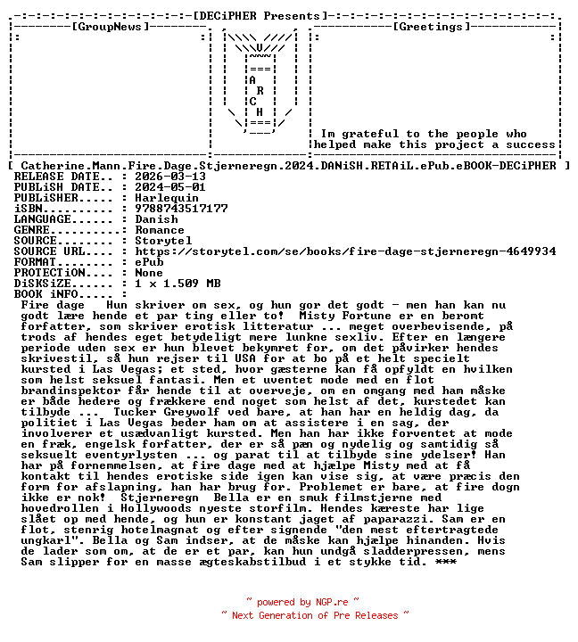 NFO for the release Catherine.Mann.Fire.Dage.Stjerneregn.2024.DANiSH.RETAiL.ePub.eBOOK-DECiPHER by DECiPHER