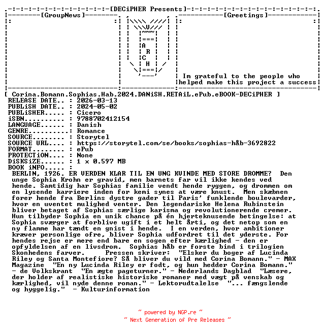 NFO for the release Corina.Bomann.Sophias.Hab.2024.DANiSH.RETAiL.ePub.eBOOK-DECiPHER by DECiPHER