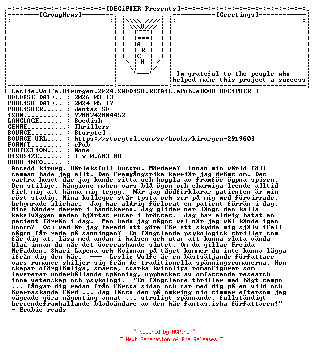 NFO for the release Leslie.Wolfe.Kirurgen.2024.SWEDiSH.RETAiL.ePub.eBOOK-DECiPHER by DECiPHER
