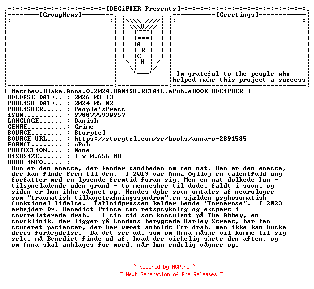 NFO for the release Matthew.Blake.Anna.O.2024.DANiSH.RETAiL.ePub.eBOOK-DECiPHER by DECiPHER