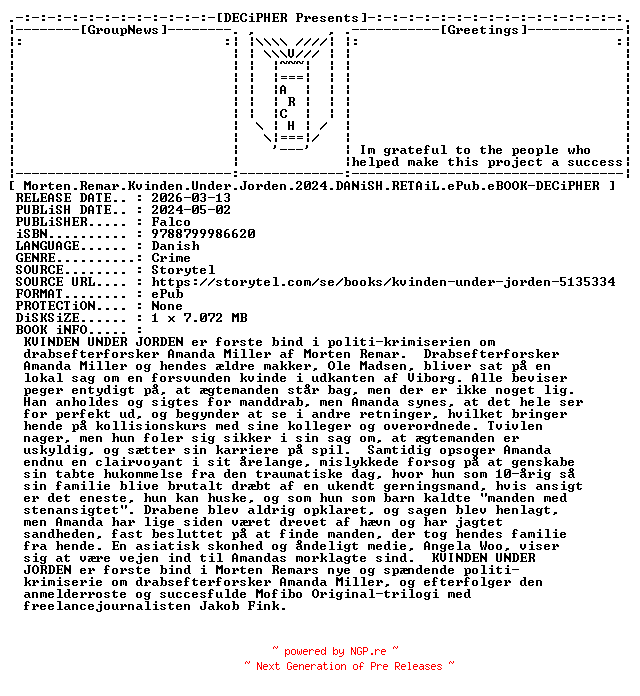 NFO for the release Morten.Remar.Kvinden.Under.Jorden.2024.DANiSH.RETAiL.ePub.eBOOK-DECiPHER by DECiPHER