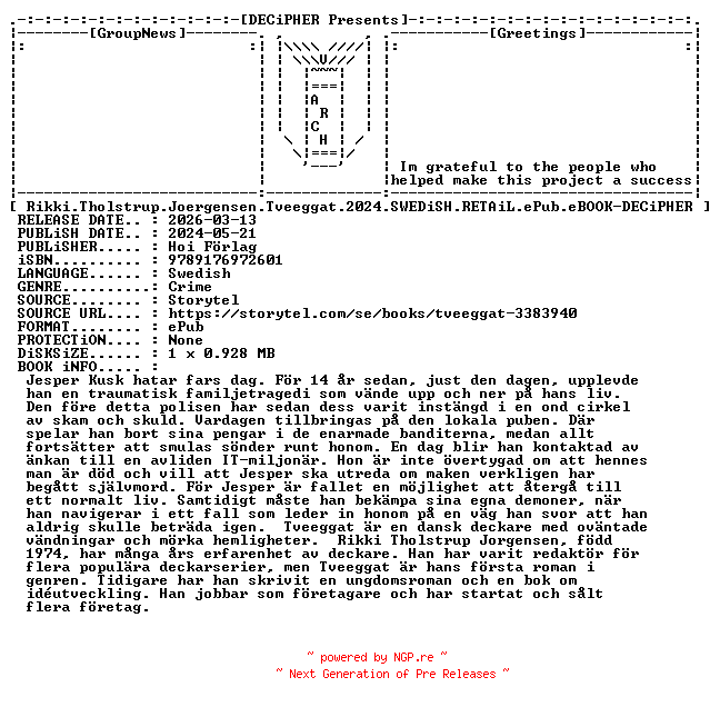 NFO for the release Rikki.Tholstrup.Joergensen.Tveeggat.2024.SWEDiSH.RETAiL.ePub.eBOOK-DECiPHER by DECiPHER
