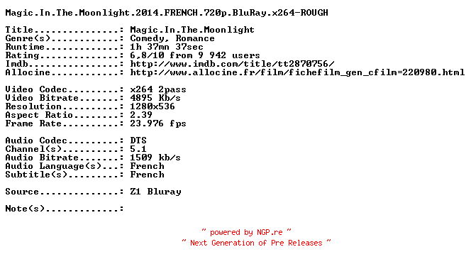 NFO for the release Magic.In.The.Moonlight.2014.FRENCH.720p.BluRay.x264-ROUGH by ROUGH