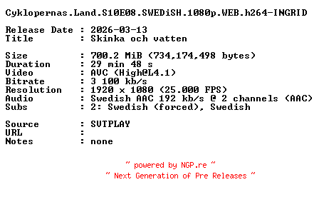 NFO for the release Cyklopernas.Land.S10E08.SWEDiSH.1080p.WEB.h264-INGRID by INGRID