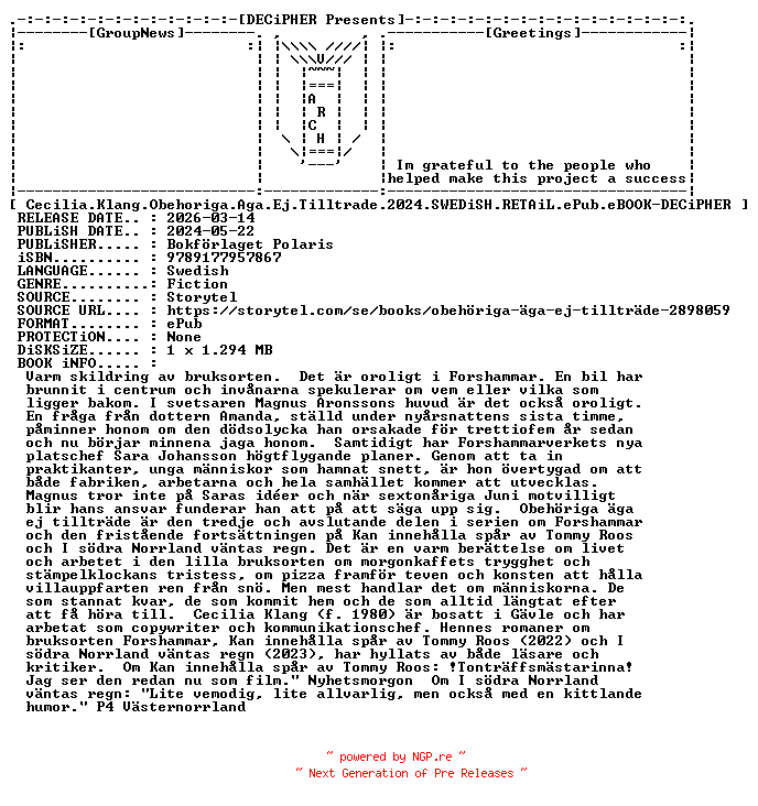 NFO for the release Cecilia.Klang.Obehoriga.Aga.Ej.Tilltrade.2024.SWEDiSH.RETAiL.ePub.eBOOK-DECiPHER by DECiPHER
