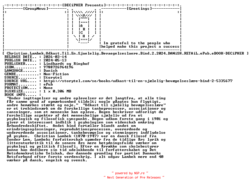 NFO for the release Christian.Lambek.Udkast.Til.En.Sjaelelig.Bevaegelseslaere.Bind.2.2024.DANiSH.RETAiL.ePub.eBOOK-DECiPHER by DECiPHER