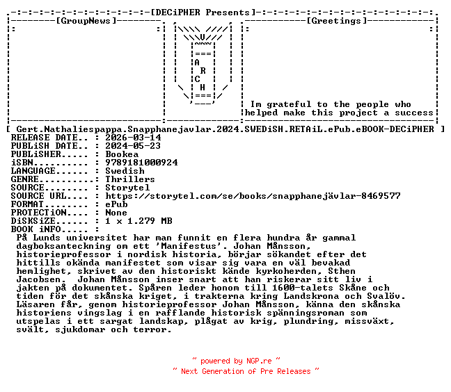 NFO for the release Gert.Nathalies.Pappa.Snapphanejavlar.2024.SWEDiSH.RETAiL.ePub.eBOOK-DECiPHER by DECiPHER