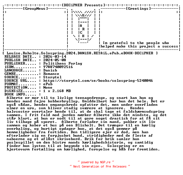 NFO for the release Louise.Roholte.Solospring.2024.DANiSH.RETAiL.ePub.eBOOK-DECiPHER by DECiPHER