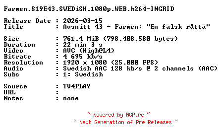 NFO for the release Farmen.S19E43.SWEDiSH.1080p.WEB.h264-INGRID by INGRID
