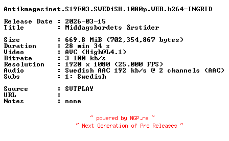 NFO for the release Antikmagasinet.S19E03.SWEDiSH.1080p.WEB.h264-INGRID by INGRID