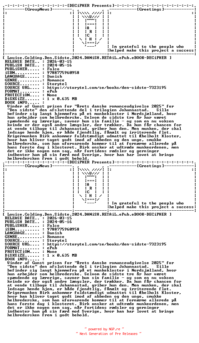 NFO for the release Louise.Colding.Den.Sidste.2024.DANiSH.RETAiL.ePub.eBOOK-DECiPHER by DECiPHER
