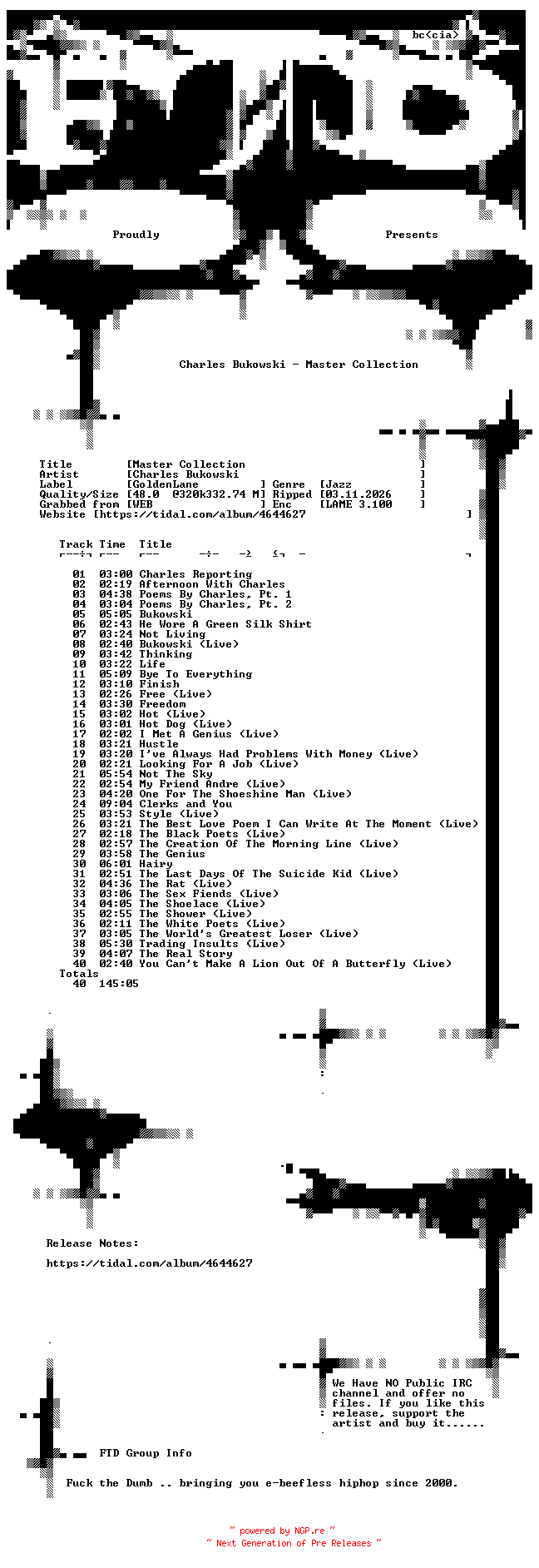 NFO for the release Charles_Bukowski-Master_Collection-WEB-2010-FTD by FTD