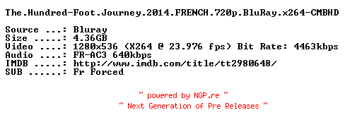 NFO for the release The.Hundred-Foot.Journey.2014.FRENCH.720p.BluRay.x264-CMBHD by CMBHD