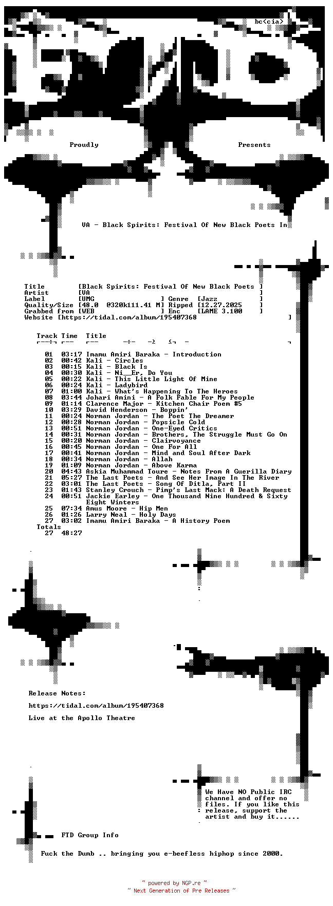 NFO for the release VA-Black_Spirits_Festival_Of_New_Black_Poets_In_America-WEB-1972-FTD by FTD