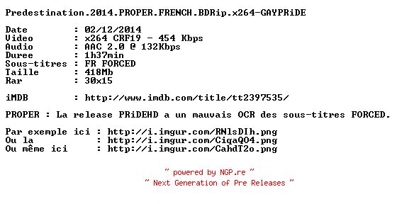 NFO for the release Predestination.2014.PROPER.FRENCH.BDRip.x264-GAYPRiDE by GAYPRiDE