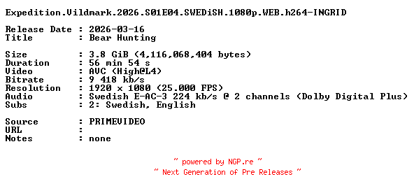 NFO for the release Expedition.Vildmark.2026.S01E04.SWEDiSH.1080p.WEB.h264-INGRID by INGRID