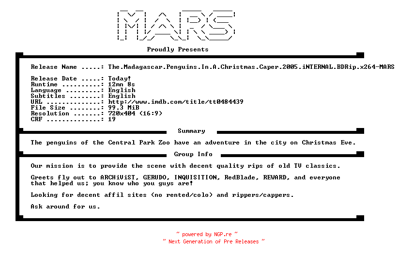 NFO for the release The.Madagascar.Penguins.In.A.Christmas.Caper.2005.iNTERNAL.BDRip.x264-MARS by MARS