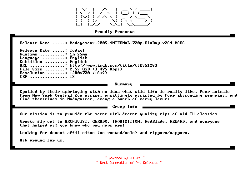 NFO for the release Madagascar.2005.iNTERNAL.720p.BluRay.x264-MARS by MARS