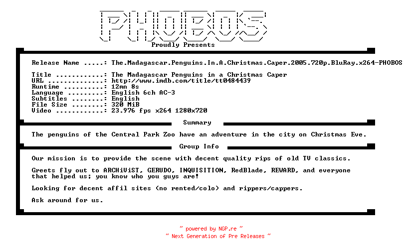 NFO for the release The.Madagascar.Penguins.In.A.Christmas.Caper.2005.720p.BluRay.x264-PHOBOS by PHOBOS