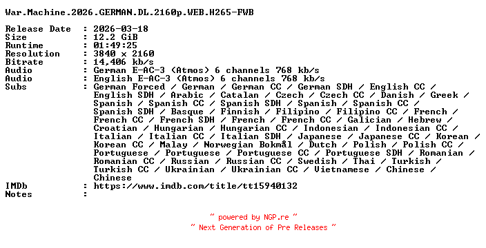 NFO for the release War.Machine.2026.GERMAN.DL.2160p.WEB.H265-FWB by FWB
